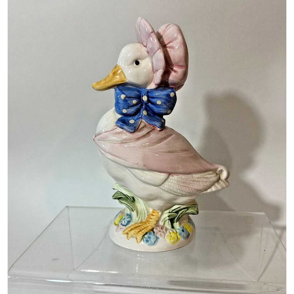 Vintage Enesco Goose Bank 6" Tall Pink with Blue Bow